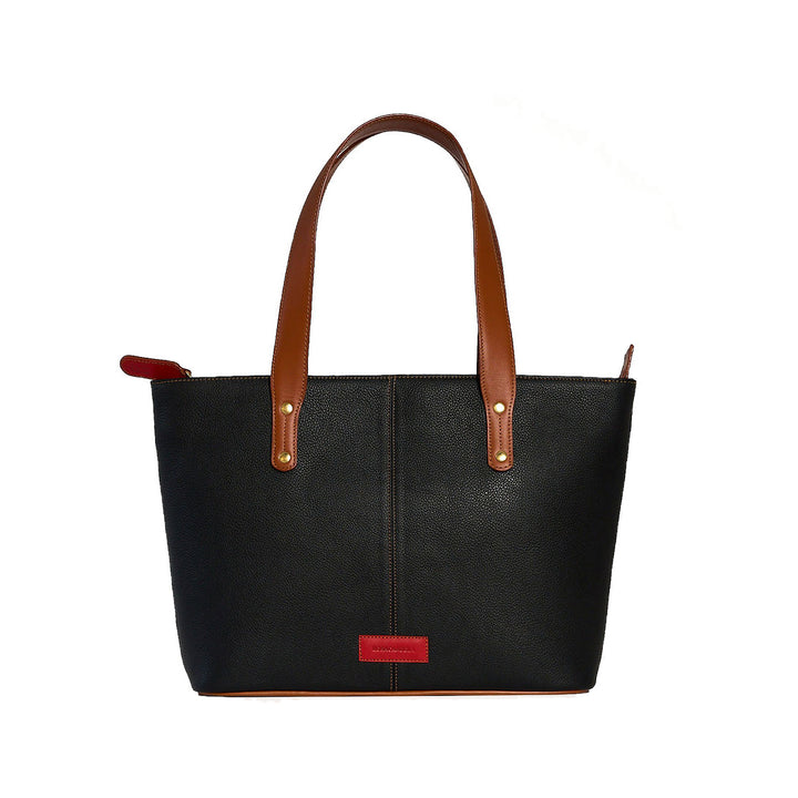 Jeannette — Bolso tote de cuero con cremallera negro con tan