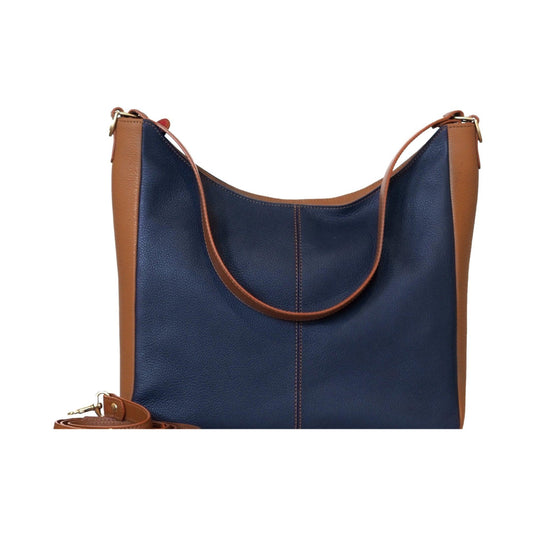 Desirée — Bolso hobo de piel color tan con azul royal