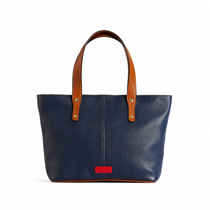 Jeannette — Leather Tote Bag with Zipper royal blue with tan